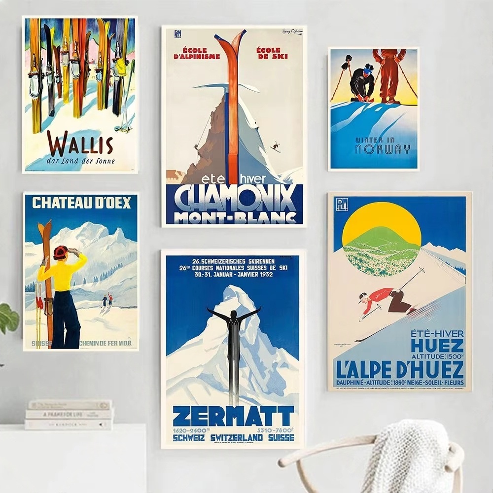 Vintage Fashion Wall Art - Poster Ski Antik Chamonix Cetak Retro