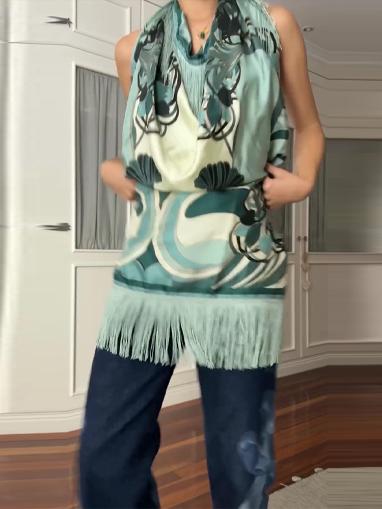 Vintage Fashion Ai - Selendang Persegi Vintage Bermotif Cetak dengan