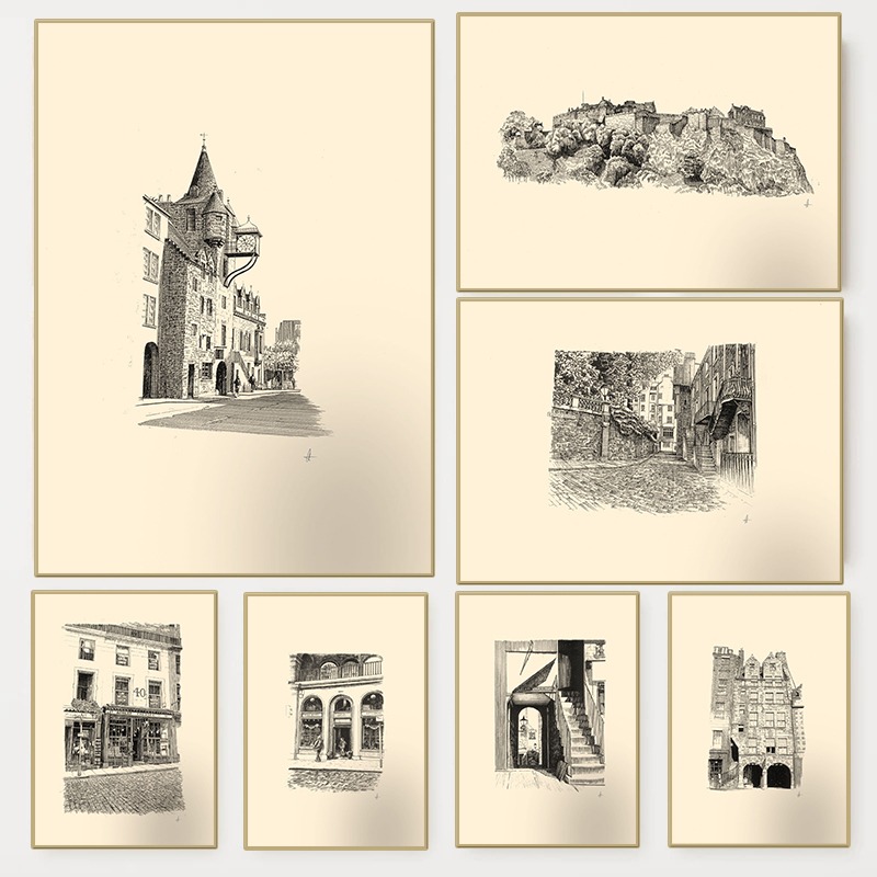 Vintage Fashion Wall Art - Poster Sketsa Gambar Tinta Pena Kastil